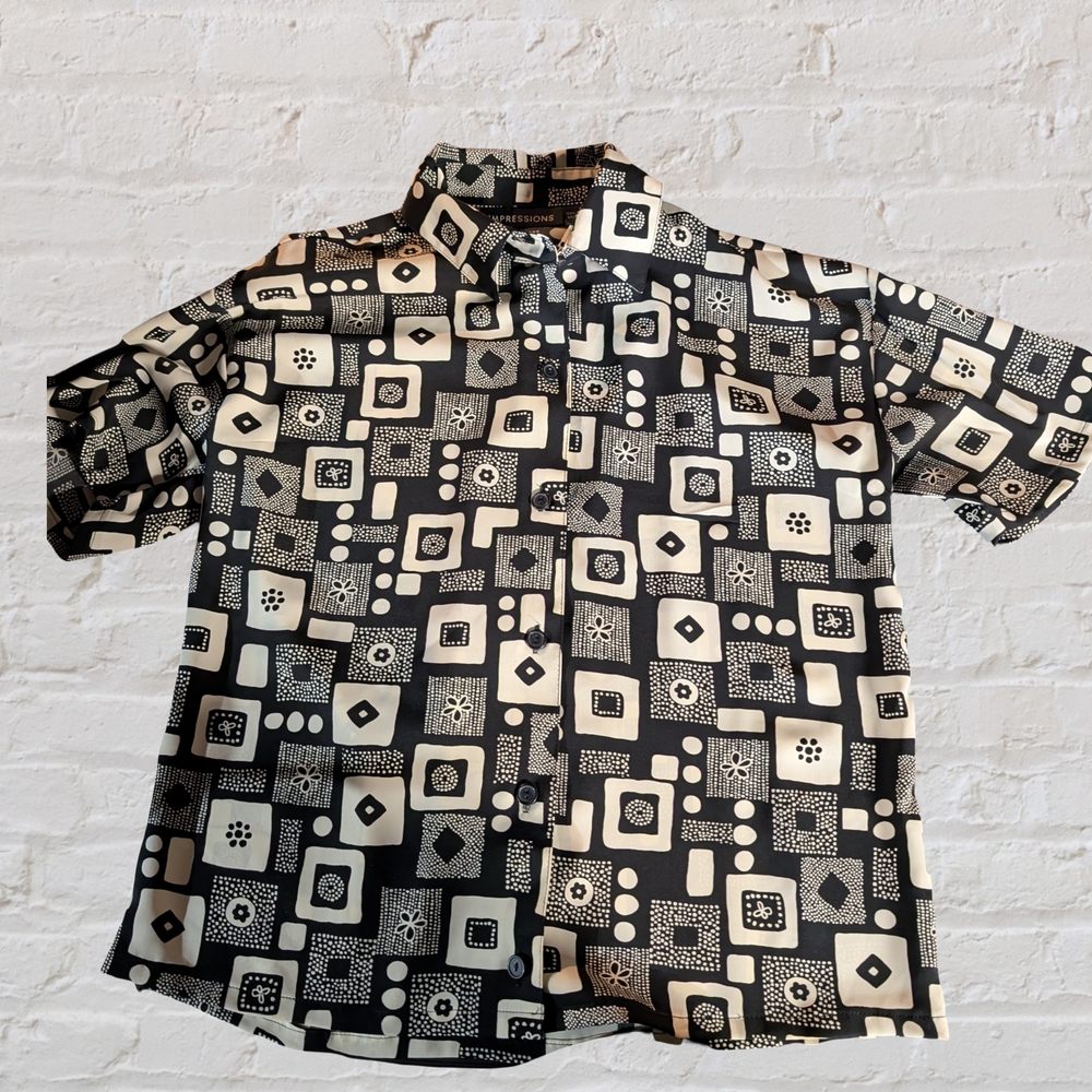 Impressions Vintage Geometric Button-Down Shirt – Black Cream – Size S